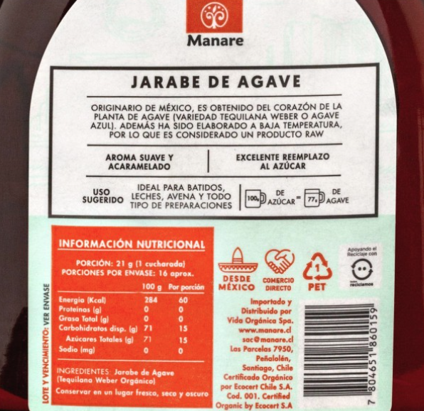 Jarabe de Agave organico 330 gr.