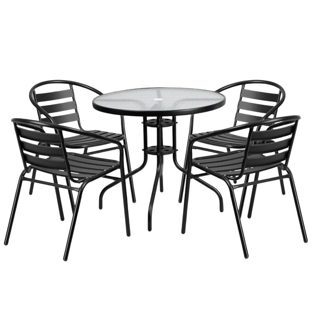 Set terraza 4 sillas acero + Mesa vidrio Negro 80x70 cm