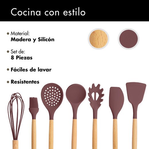 Set de Utensilios de Cocina Silicona Madera Café