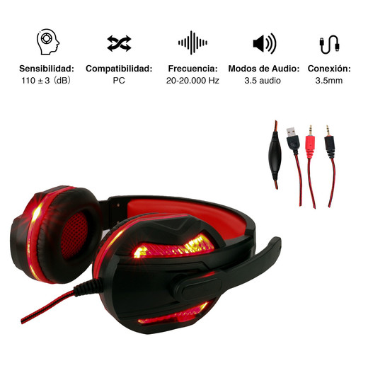 Audífonos Gamer GH05 Luces Led con Micrófono Rojo