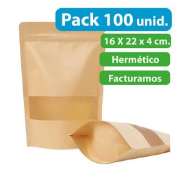 Bolsas DoyPack Kraft con Ventana 16x22x4 cms. (100 unidades)