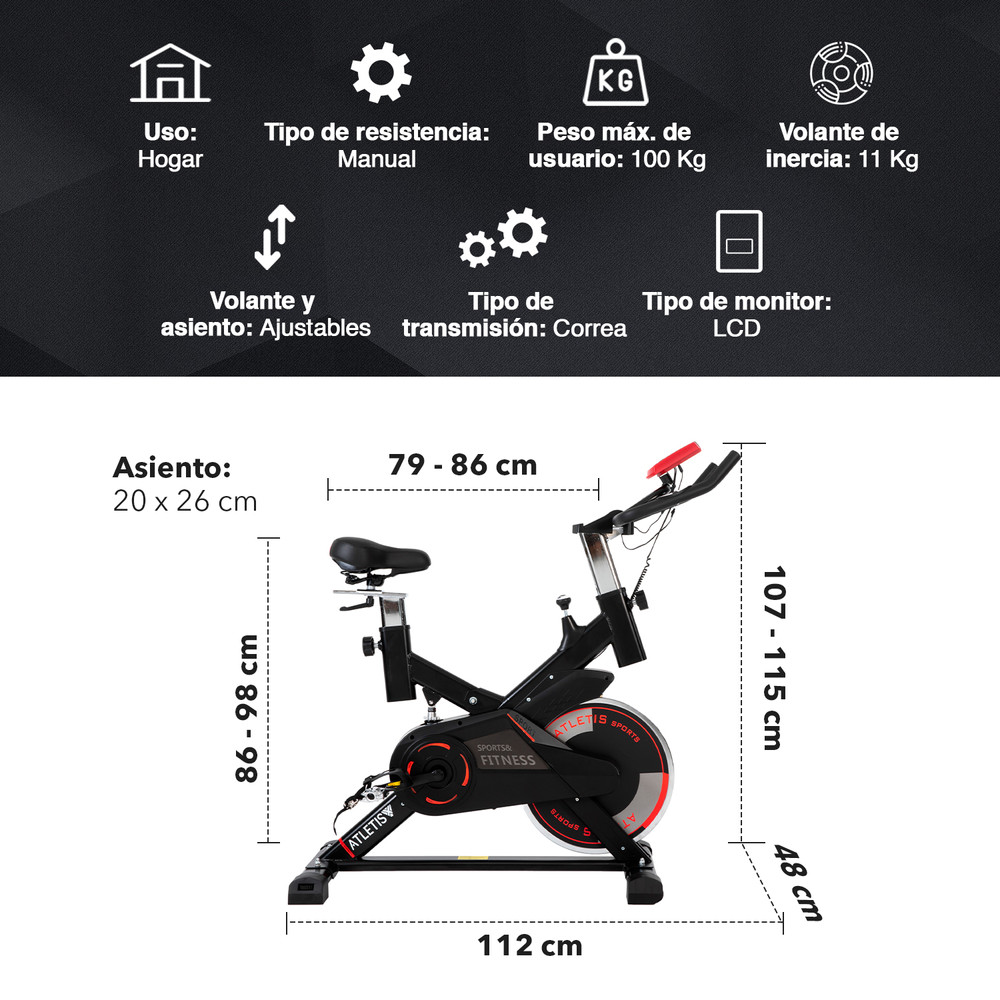 Atletis - Bicicleta Spinning Volante de Inercia 11 Kg Negro