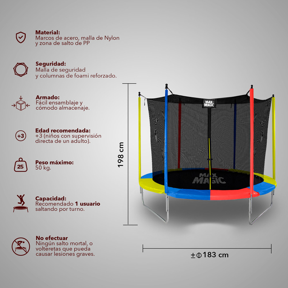 Asiamerica - Cama Elástica Trampolín Para Niños 6 Ft 183 Cm