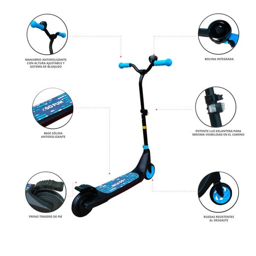 Scooter Eléctrico con Faro y Altura Ajustable Azul