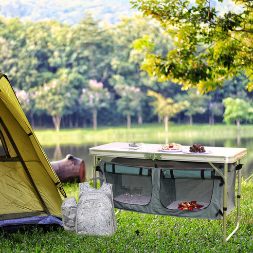 Mesa de Camping Plegable con Compartimentos Gris
