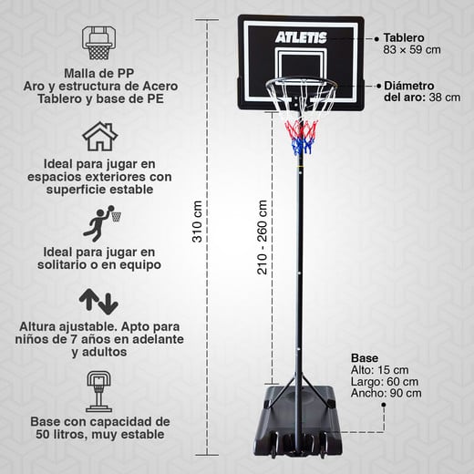 Aro de Basquetball Alley 2,6M Ajustable Blanco