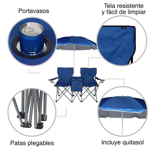 Set Mesa y Sillas Plegables con Sombrilla Azul