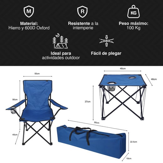 Set Mesa y Sillas Plegables de Camping Azul