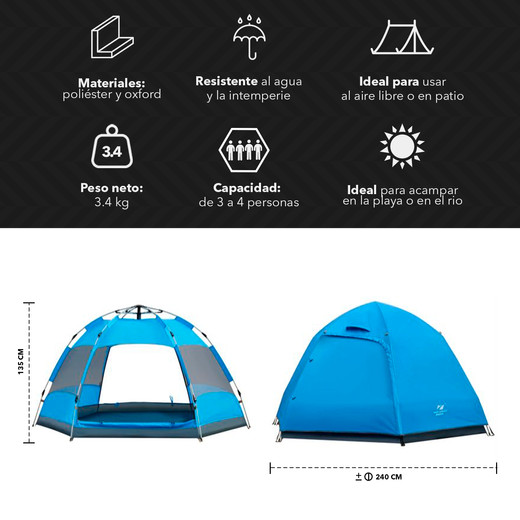 Carpa Camping Hexagonal 3 a 4 Personas Azul
