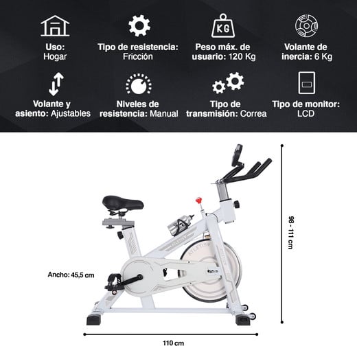 Bicicleta Spinning Pro II con Monitor LCD Volante de Inercia 6 Kg Blanco