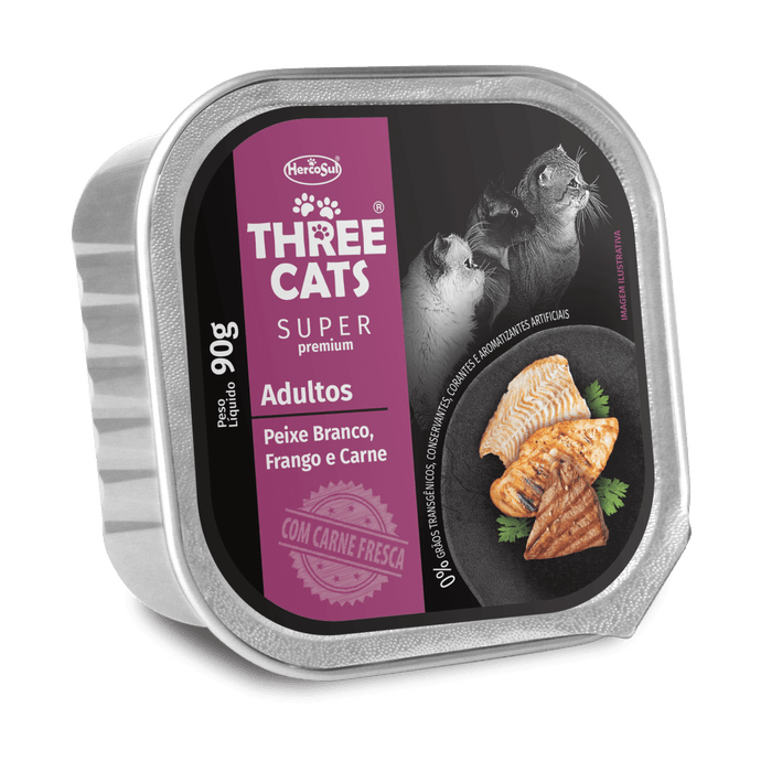 THREE CATS PATE SUPER PREMIUM GATOS ADULTO SABOR PESCADO, POLLO Y CARNE 90gr - maskoticas.cl.png