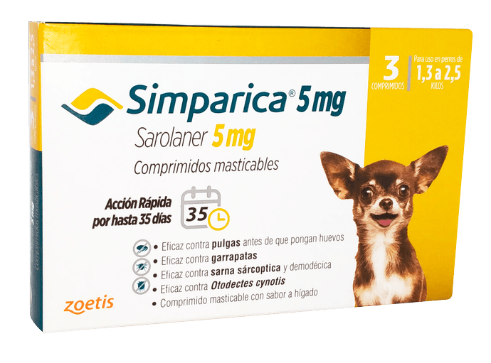 SIMPARICA 3 TABLETAS PARA PERROS DE 1,3 A 2,5 KG  - Simparica 5mg amarillo 3compr.png