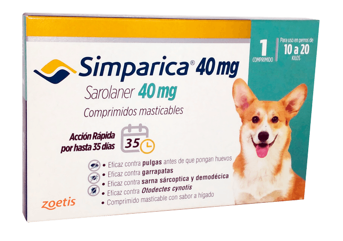 SIMPARICA 1 TABLETA PARA PERROS DE 10 A 20 KG  - Simparica 40mg verde 1compr.png