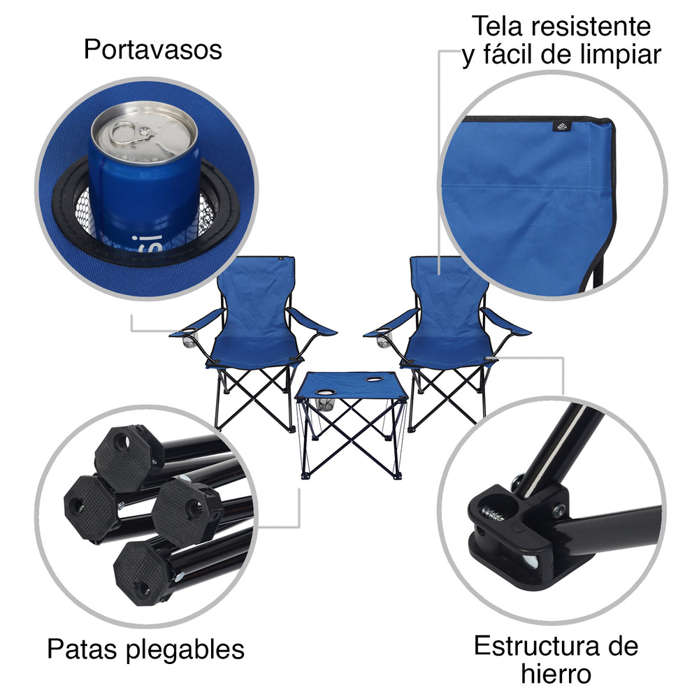 RUTTA Set Mesa y Sillas Plegables con Sombrilla Azul